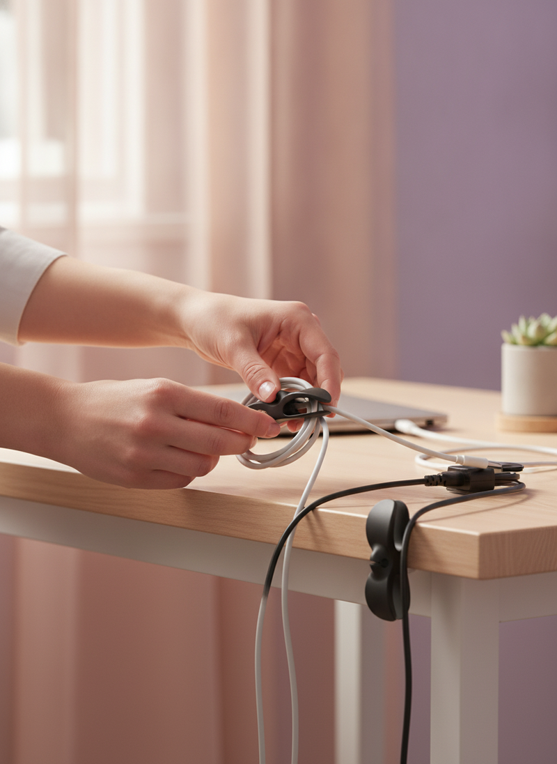 A woman's hands organize charger cables behind a light wood desk using clear Wire Cable Organizer Plugs, in soft natural dayl