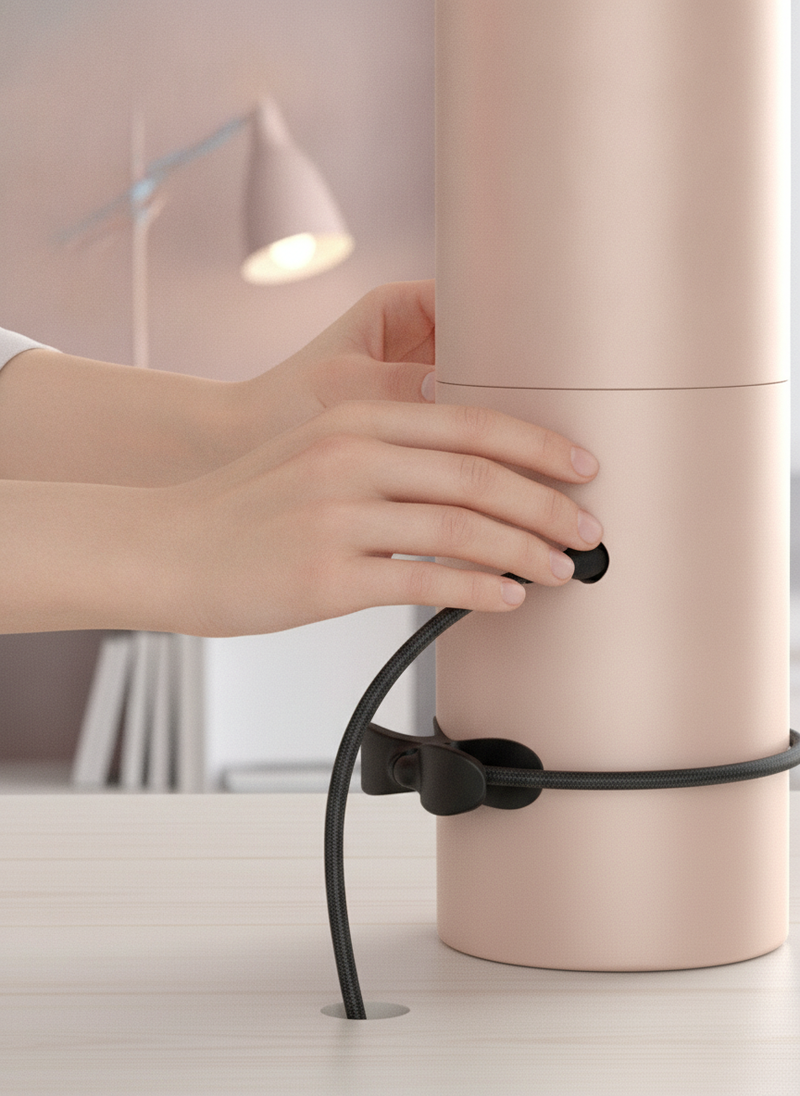 Woman's hands gently arranging a black Wire Cable Organizer Plug around a laptop cable on a light wooden desk.