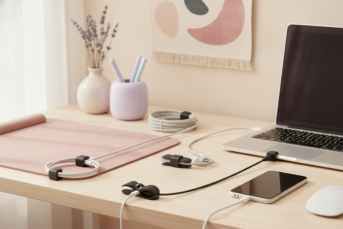 Wire cable organizer plugs neatly managing cables on a warm cream desk, bathed in soft, diffused light, evoking calm and orde